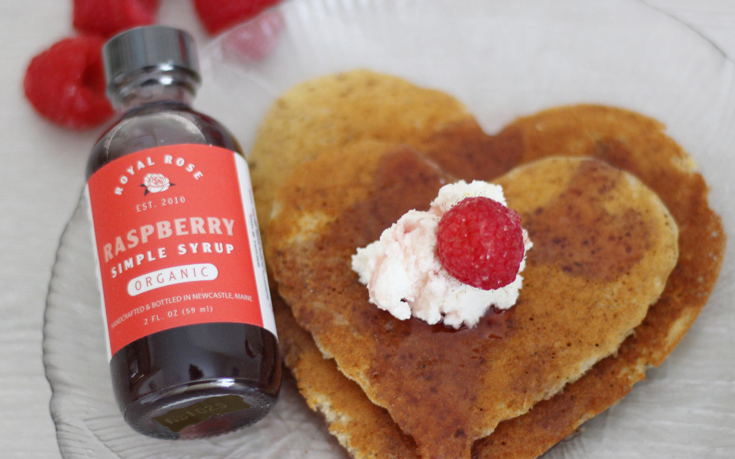Raspberry syrup + heart pancakes