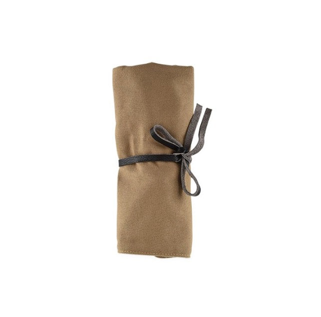 only canvas exterior visible, a jigger, strainer, wood-wrapped truetap, channel knife/zester, bar spoon, ice tongs, and wood muddler in a canvas roll up holder