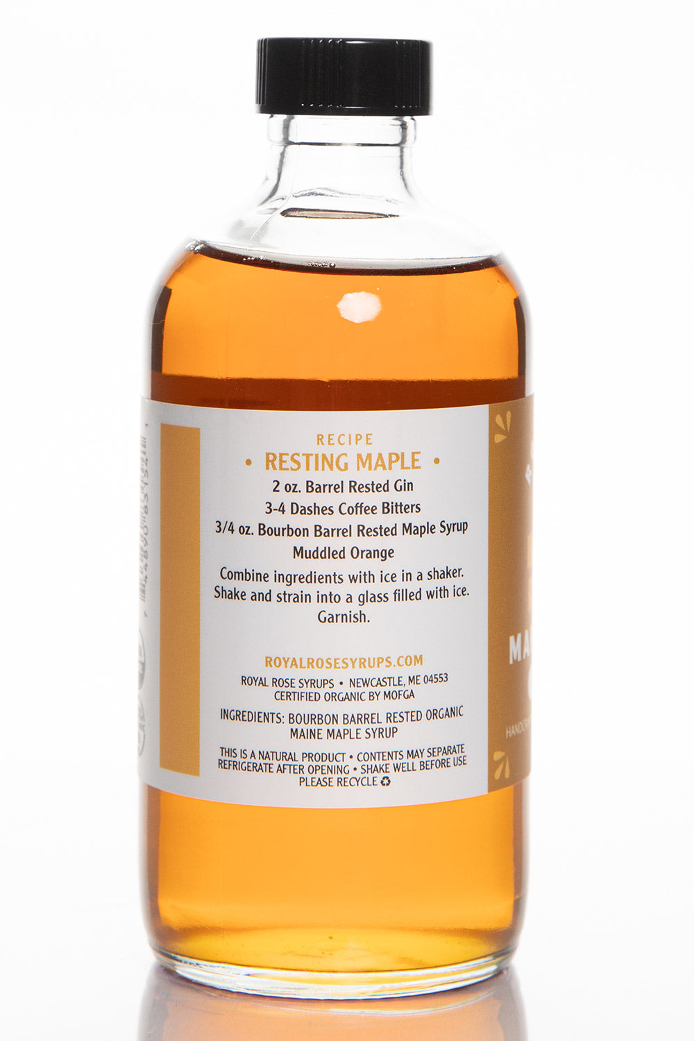 Royal Rose Barrel Rested Maple Syrup 8oz Side View of Label