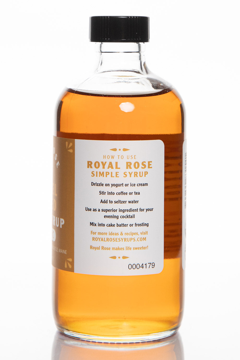 Royal Rose Barrel Rested Maple Syrup 8oz Side View of Label