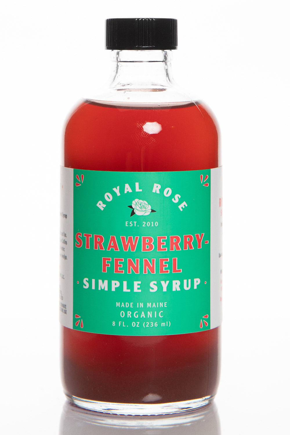 A bottle of Strawberry Fennel Simple Syrup 8oz bottle front view. 