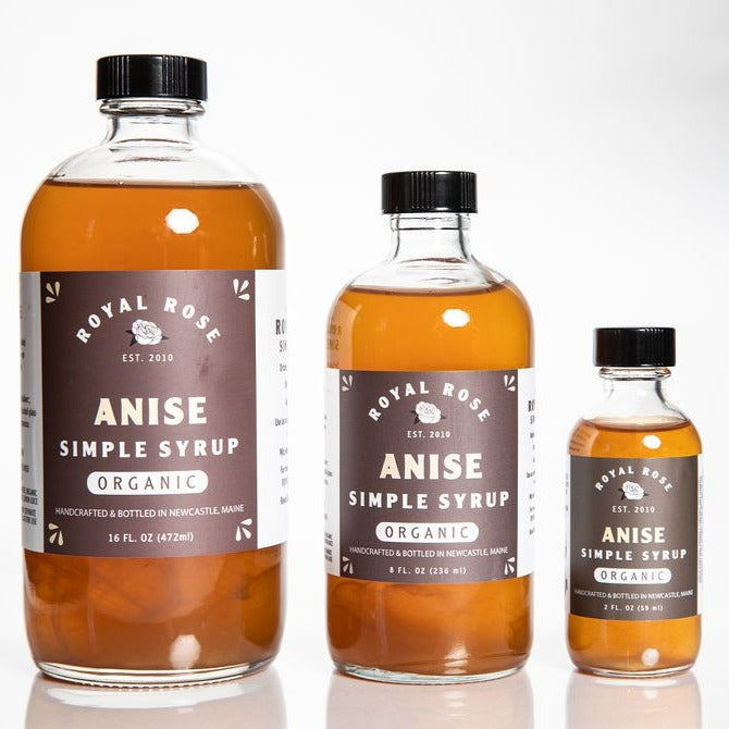 Royal Rose Anise Syrup Bottles viewing all three sizes for comparison 2 oz, 8oz, 16oz.